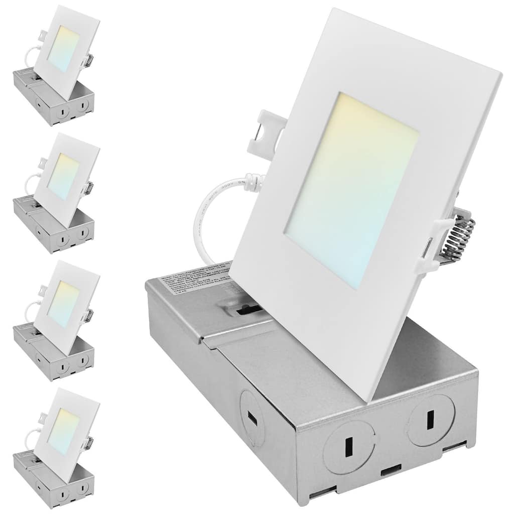 LUXRITE 4 Inch Square Canless Spotlight LED Recessed Light 5CCT Dimmable 650/800/1066 Lumens CRI 90, 8W/10W/13W 4 Pack