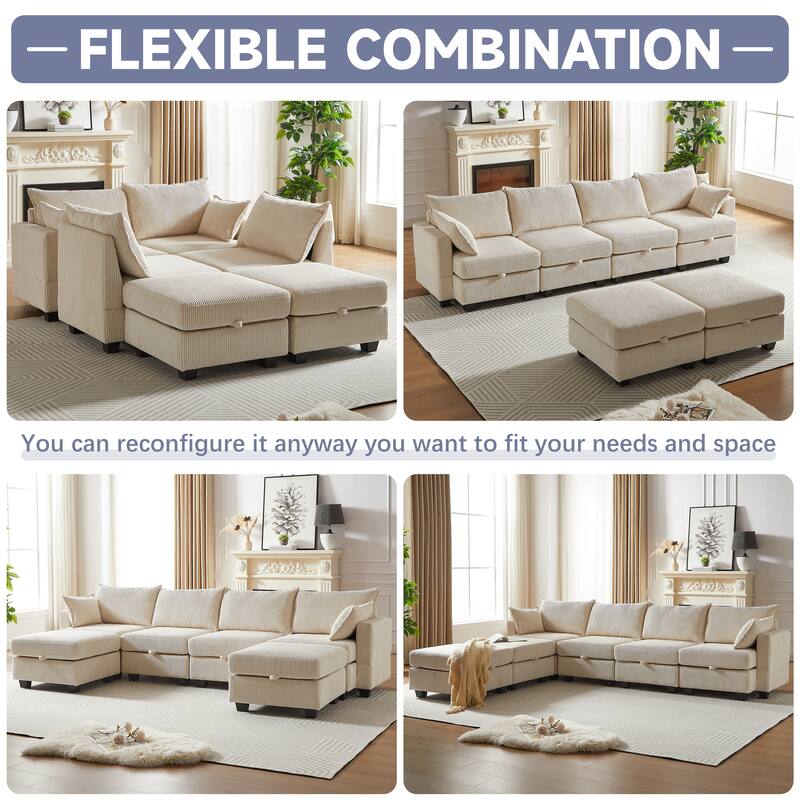 113.5" Corduroy U-Shaped Sectional Sofa with Storage Ottoman, 6-Seat Modular Design and Convertible Chaise