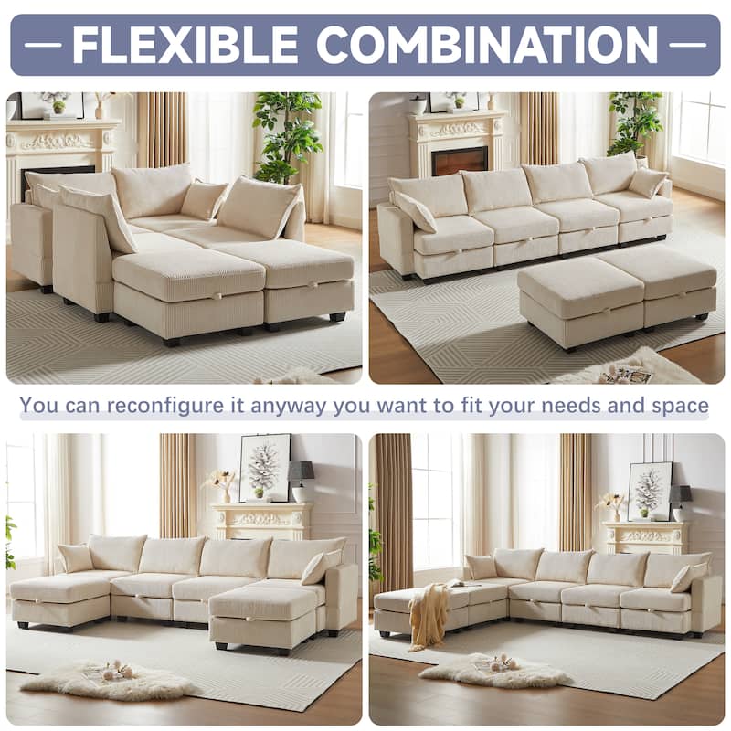 Roomfitters 113.5" Modular Corduroy U-Shaped Sectional Sofa, 6-Seater Convertible Couch with Chaise and Storage Ottoman