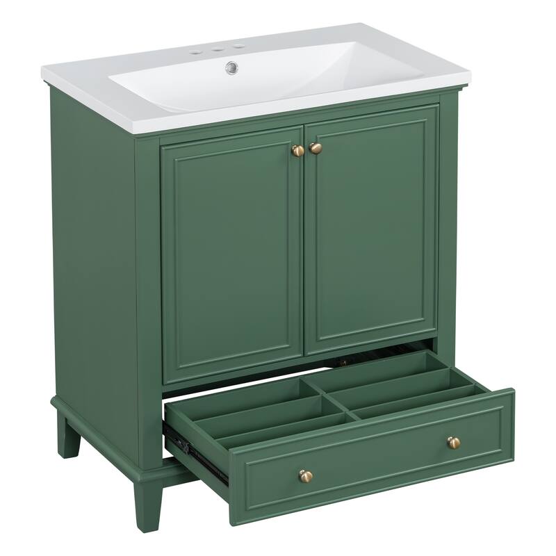 Bathroom Vanity with Ceramic Sink, Solid Wood & MDF Base, 1 Drawer & 2 Doors, Adjustable Shelf - 30in L Solid Wood+MDF