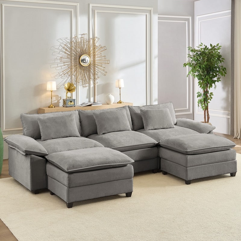 Modern 118'' U-Shaped Modular Sectional Sofa with 2 Ottomans, 5-Seat Cloud Couch, Modern Chenille Sofa Sleeper Deep Seat Couches - Light Grey - 3+2