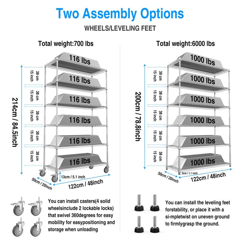 6 Tier Metal shelves, NSF Height Adjustable Garage Storage Shelves with Wheels