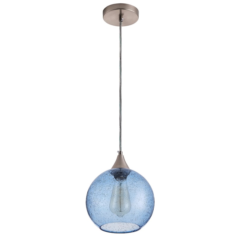 Farmhouse 1-Light Brushed Nickel Pendant Lamp with Blue Seeded Glass Shade