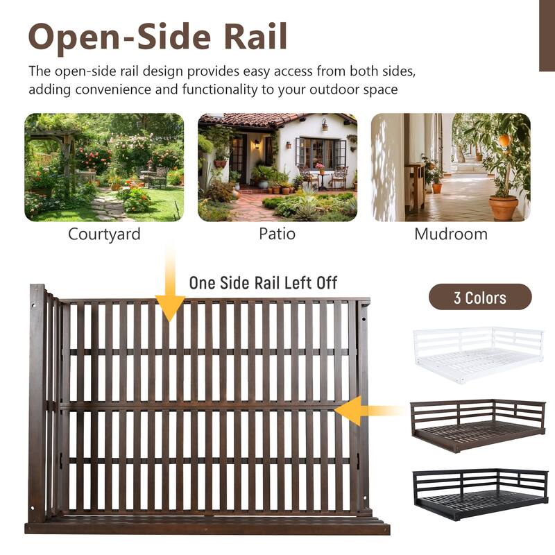 Acacia Wood Porch Swing Bed for Outdoor with Hemp Ropes - Full Size Hanging Bed, 350lbs Capacity, Open-Side Minimalist Design