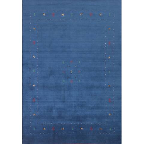 Blue Gabbeh Oriental Area Rug Dining Room Hand-Knotted Wool Carpet - 7'11" x 9'10"