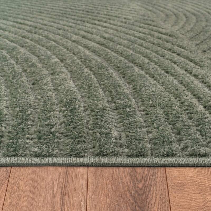 Modern Area Rug Minimalist Design with Carved Line Pattern in Green