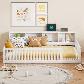 Wood Twin XL Size Floor Bed with Storage Cabinets and USB Ports, Solid Wood Bedframe w/Fence, No Box Spring Needed