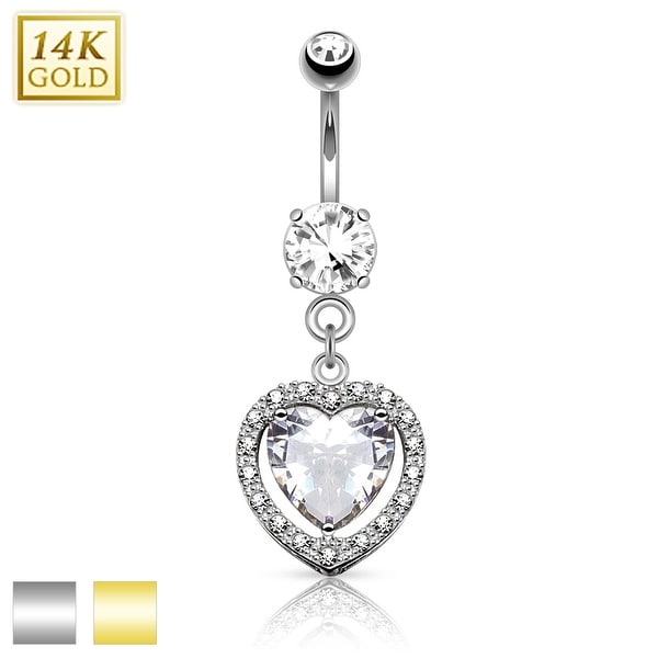 14Kt Gold Heart Dangle with Heart Shaped Solitaire CZ Navel Ring - 14GA (Sold Ind.)