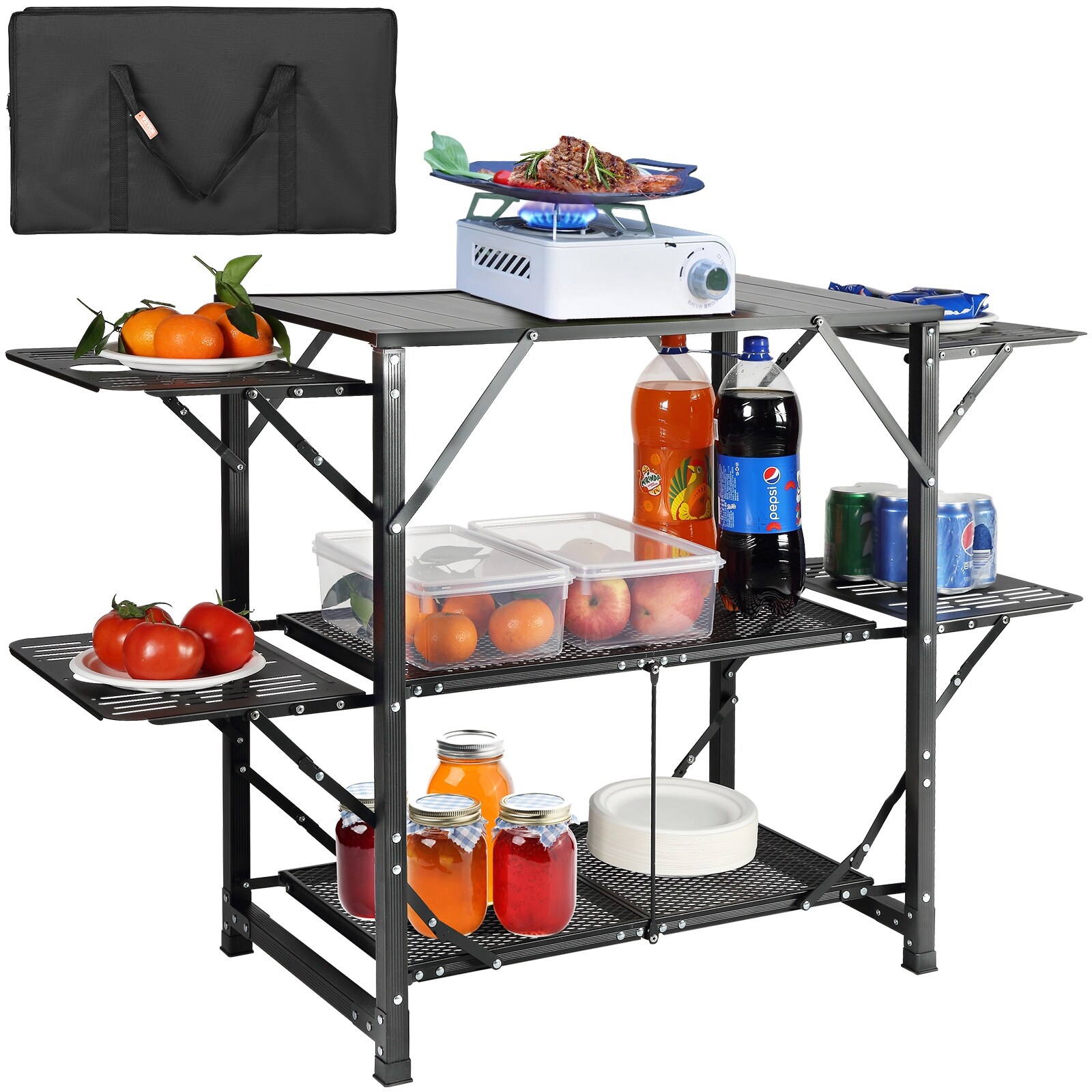 VEVOR Camping Kitchen Table Folding Cook Station with side Table Shelves Carrying Bag Light Black