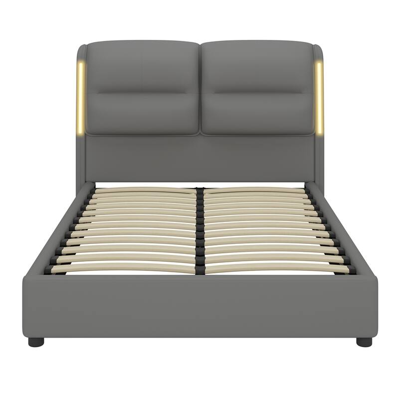 Upholstered Hydraulic Queen Size Platform Bed with Lift Up Storage and Sensor LED Lights