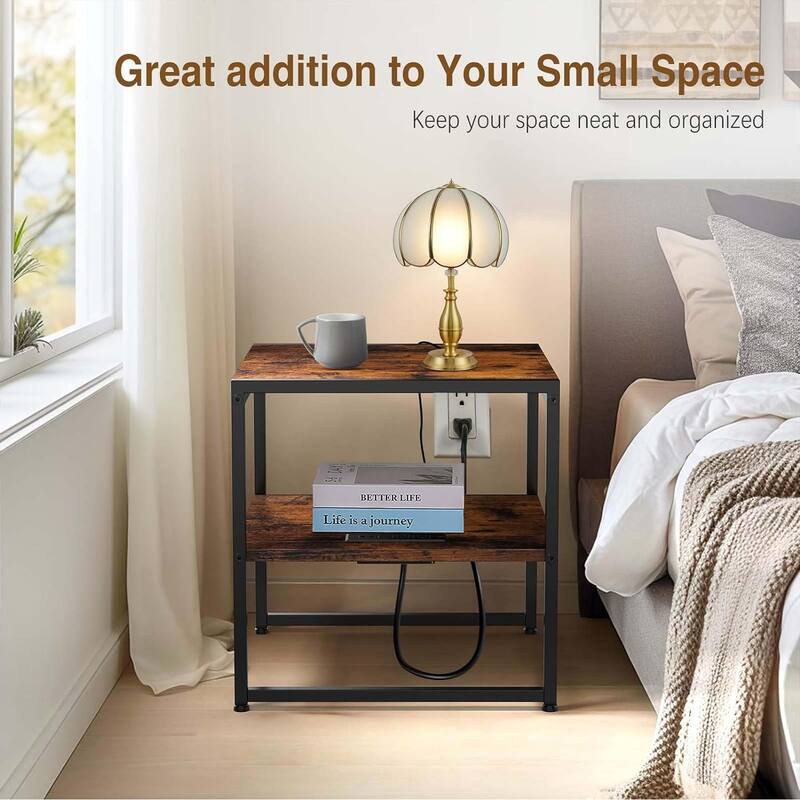 20" End Table , Industrial Square Side Table with USB Ports & Outlet