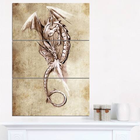 Designart "Fantasy Dragon Tattoo Sketch" Abstract Print On Canvas - 28x36 - 3 Panels