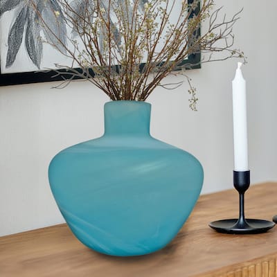 8" Wide Decorative Handmade Blue Jug Glass Vase