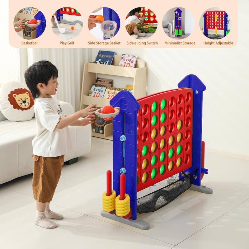 Anmytek 4-to-Score Giant Game Set with Mesh Bag & Jumbo Connect 4, Basketball Hoop, Ring Toss & Golf Games & Height Adjustable