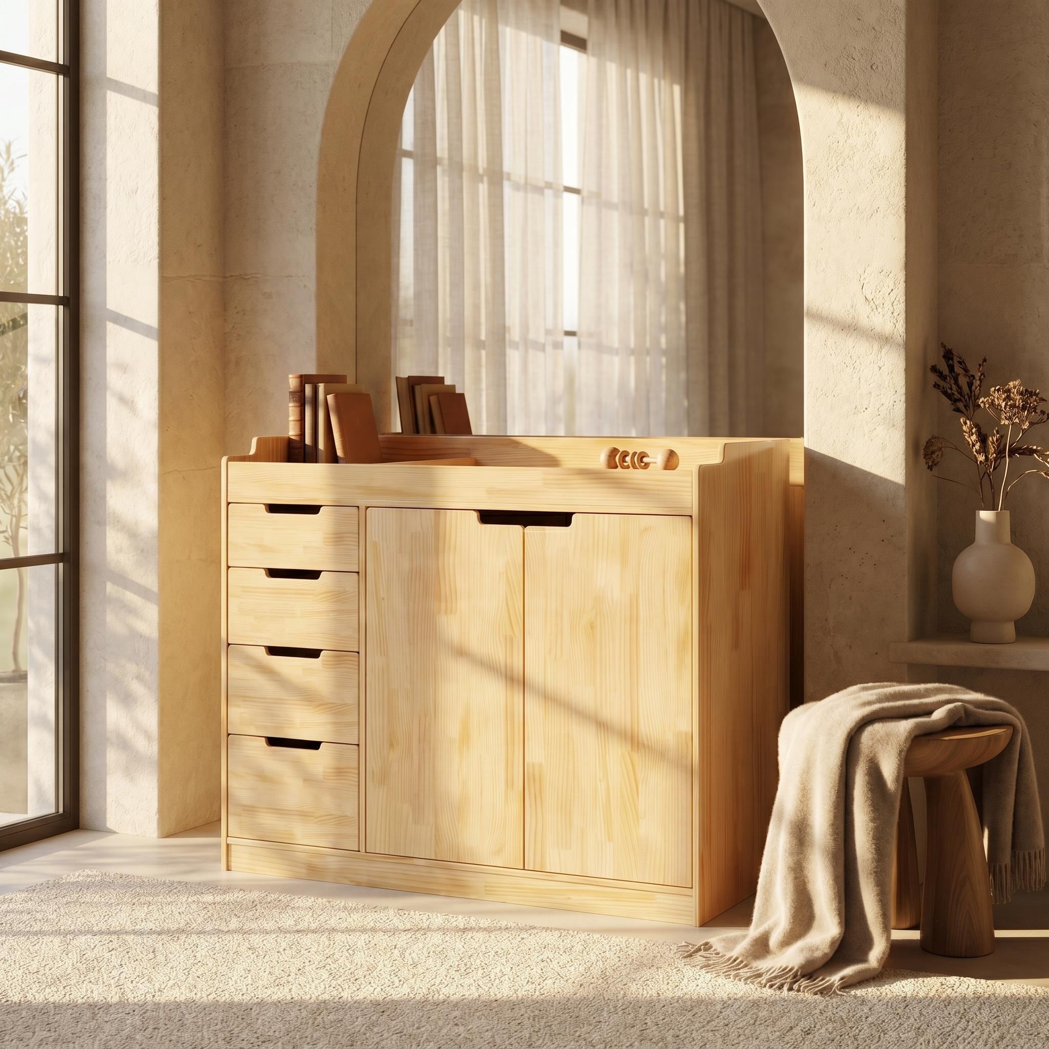 Natural Solid Wood Nursery Changing Table Cabinet, 47.2" Baby Dresser with Drawers Storage Cabinet Bookshelves