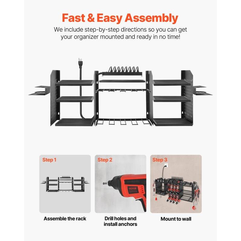 Black 3-Tier Tool Rack with 8-Outlet Strip Adjustable Shelves Pegboard for Workshop - 50.89 x 8.66 x 16.54 in