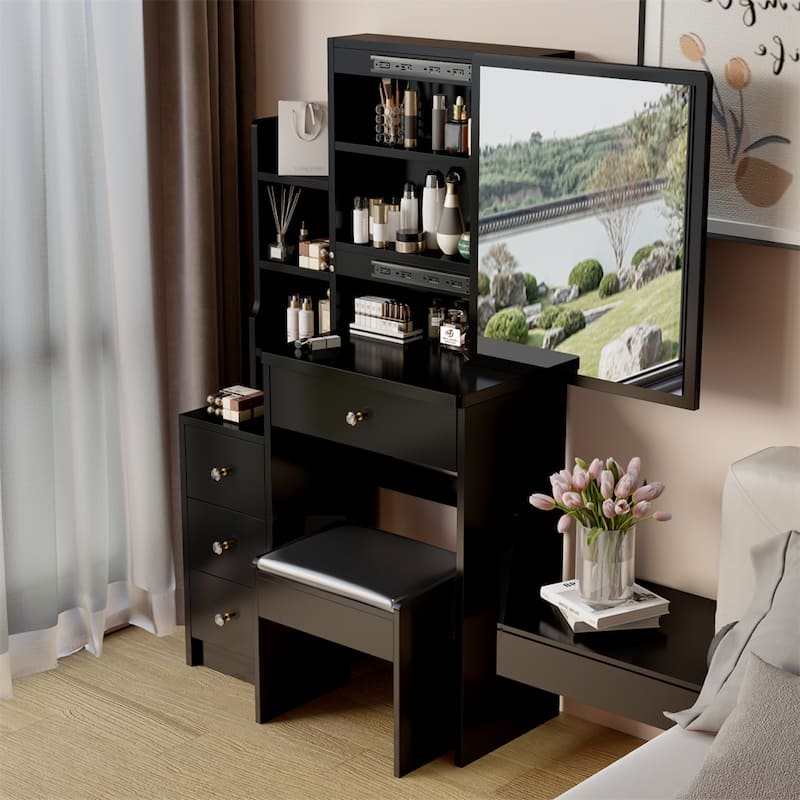 Small Space Left Bedside Cabinet Vanity Table + Cushioned Stool