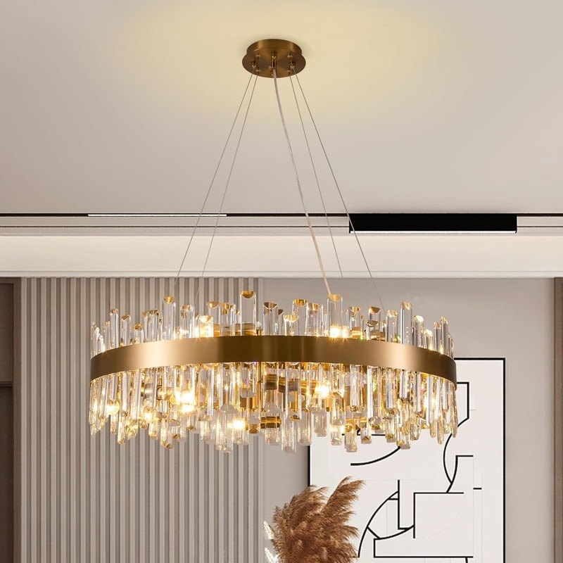 31.5 in. Gold Brass Crystal Chandelier 16 Light Round Raindrop Modern Chandelier for Dining Living Room Kitchen Island