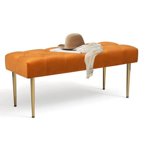 Crestlive Products Velvet Upholstered Ottoman Button Tufted Bench with Goldern Finish Legs