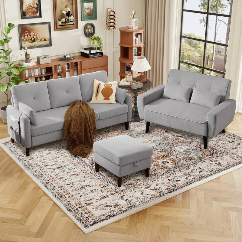 77.17" Corduroy 3 Pieces Living Room Sets with Sofa, Ottoman and Loveseat