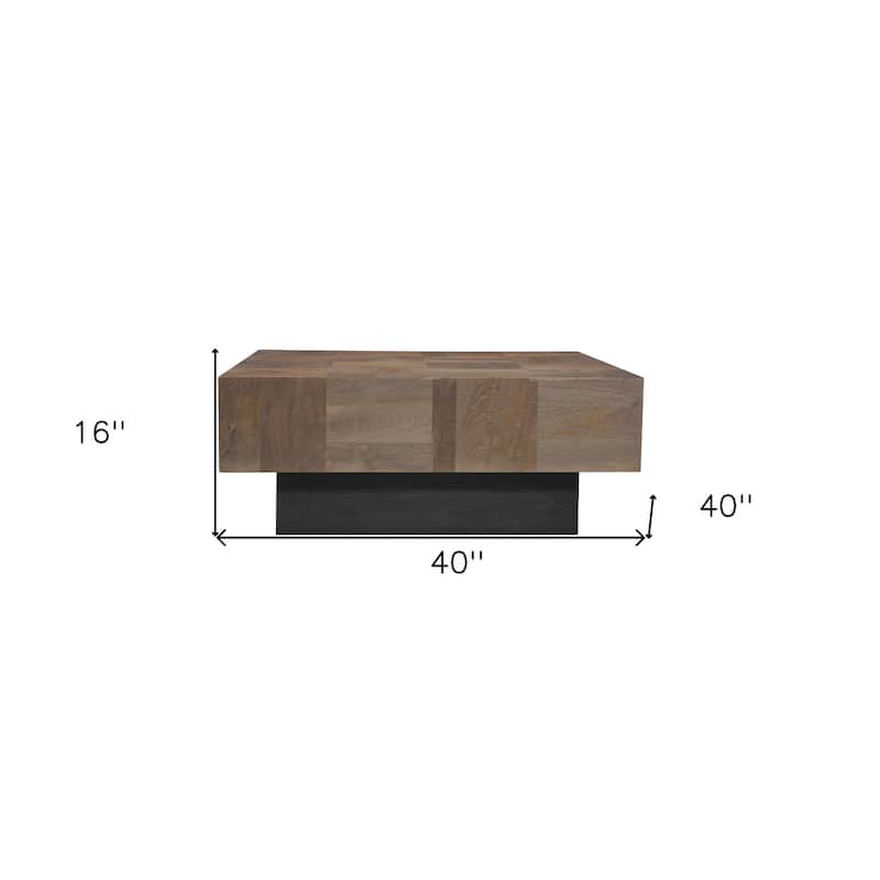 HomeRoots 40" Dark Brown and Black Solid Wood Square Block Coffee Table