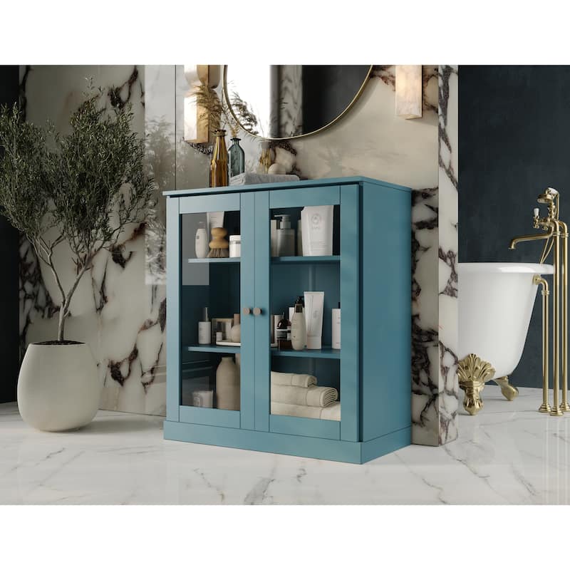 Palace Imports 100% Solid Wood 32" Bathroom Cabinet with Clear Glass Doors and Adjustable Shelves - Teal Blue