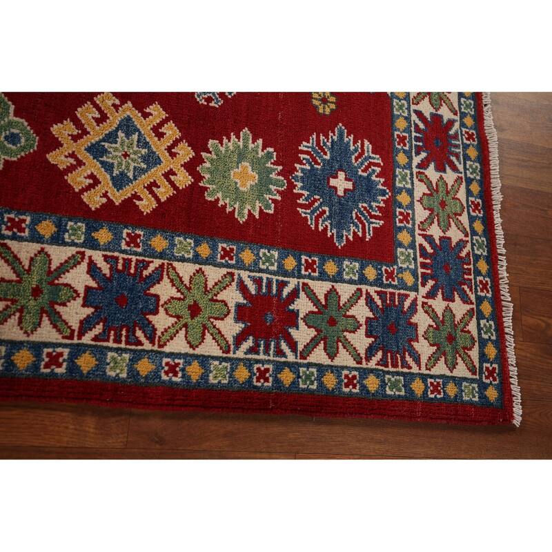 Oriental Kazak Area Rug Hand-Knotted Geometric Red Wool Carpet - 4'0" x 5'8"