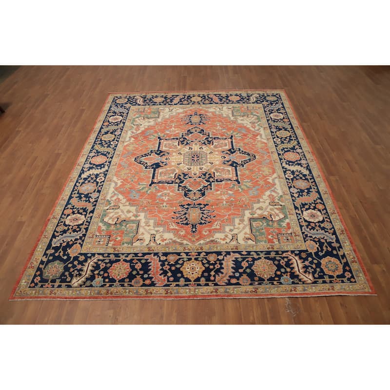 Hand Knotted Oriental 100% Wool Carpet Traditional Medallion Oranges & Rust Heriz (serapi) Area Rug - 10' 3'' X 8' 3''