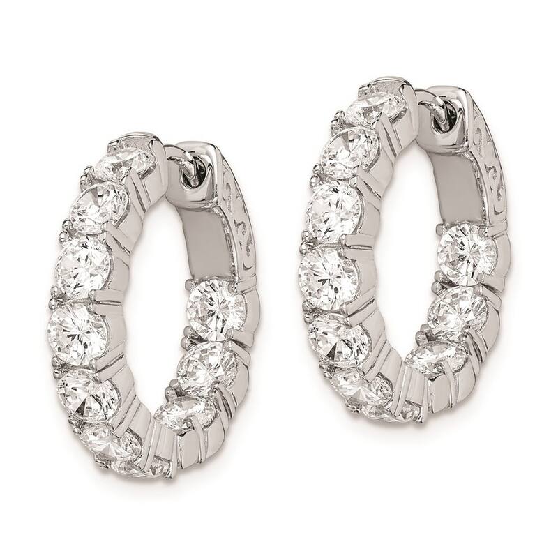Curata 925 Sterling Silver Polished Safety clasp Rhodium Plated With CZ Cubic Zirconia Hinged Hoop Earrings