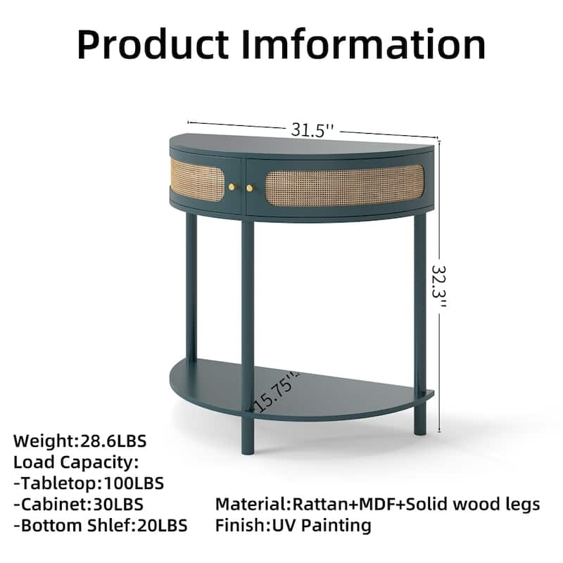 Half Moon Design End Table with Sliding Rattan Door