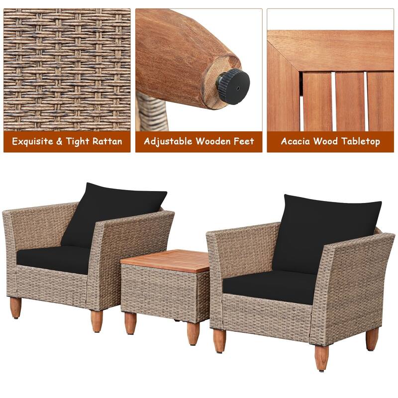 3 Pieces Patio Rattan Furniture Set with Washable Cushion for Yard Porch - 29" x 27" x 28"(L x W x H)