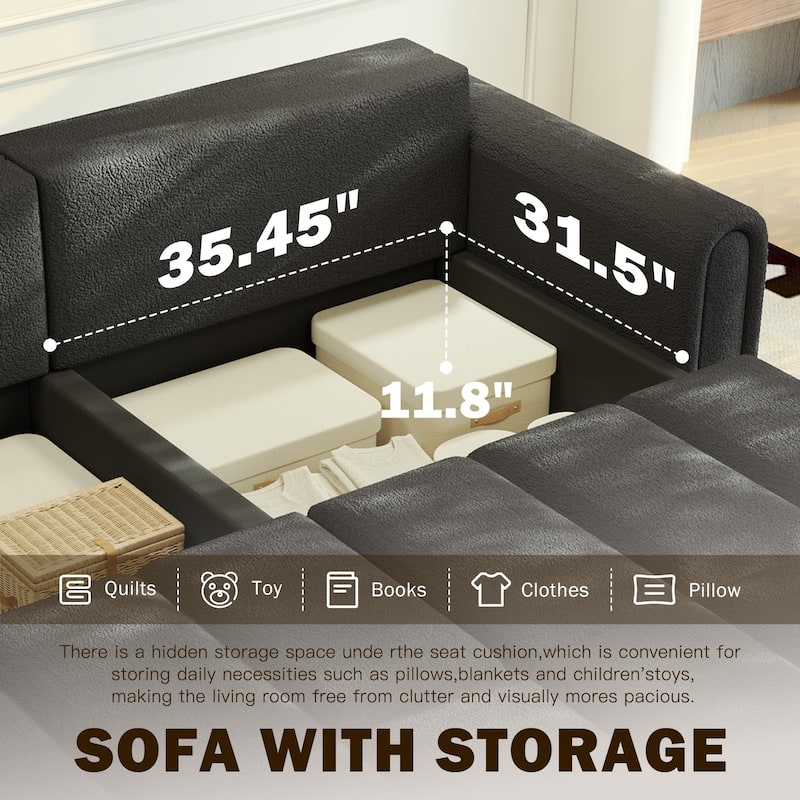 90.2" Convertible 4-Seater Teddy Fabric Sofa with Storage