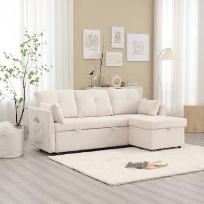Corduroy/Chenille Upholstered L-Shaped Storage Reversible Chaise Sectional Sofa with Side Pocket