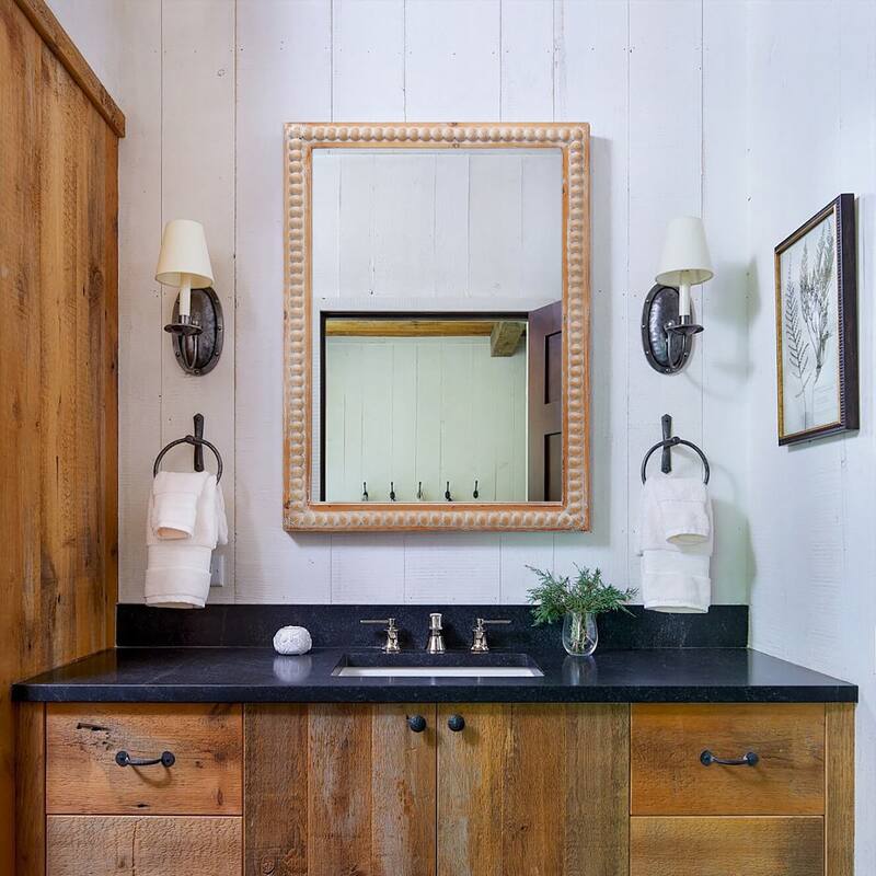 Wood Framed Rectangle Mirror - Farmhouse Beaded Design, Wall-Mounted Vanity Mirror - Antique Natural