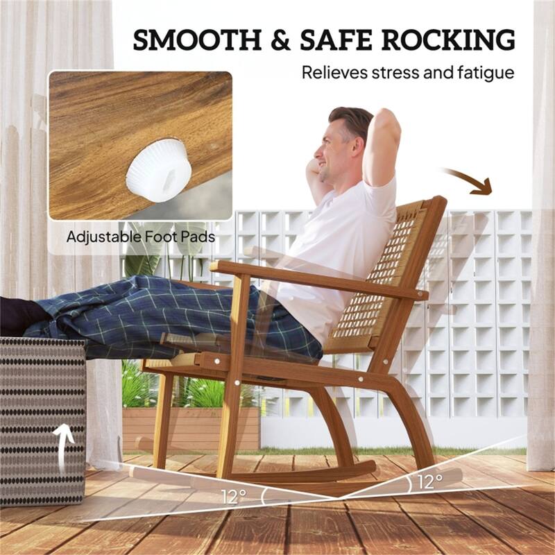 Khaki Acacia Wood PE Wicker Rocking Chairs Set of 2 with Foot Pads - 24" W x 33.5" D x 35.4" H