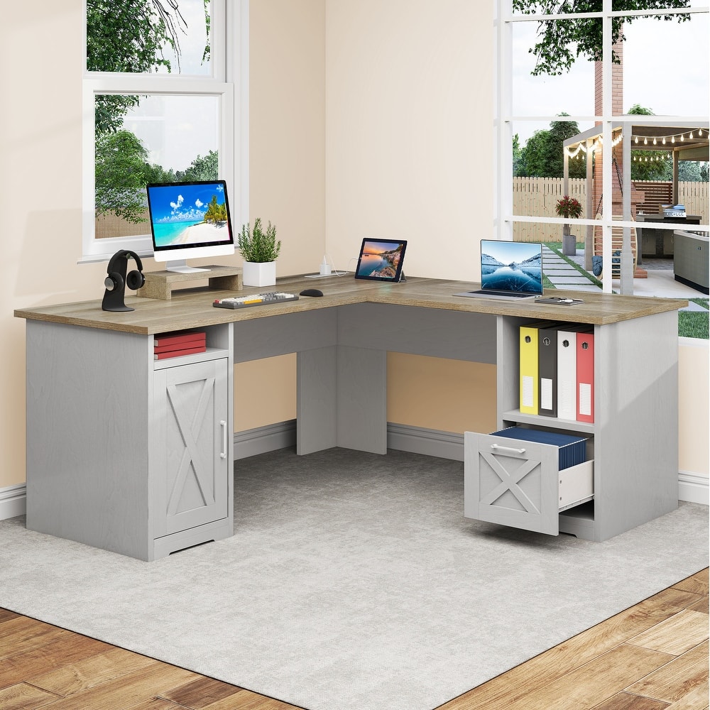 Moasis 59" L Shaped Office Desk with File Cabinet, Corner Computer Desk with Monitor Stand for Home Ofiice