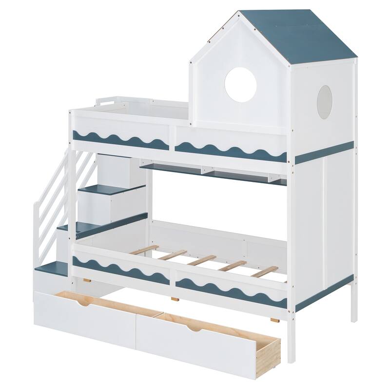Twin Over Twin Bunk Bed with Stairs, LED Lights, Storage Drawers, House Shaped Wood Loft Bed with Guardrail