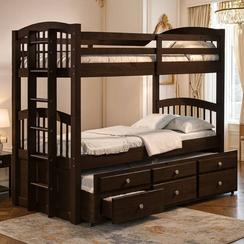 Wooden Twin/Twin Bunk Bed & Trundle with 3 Drawers, Brown