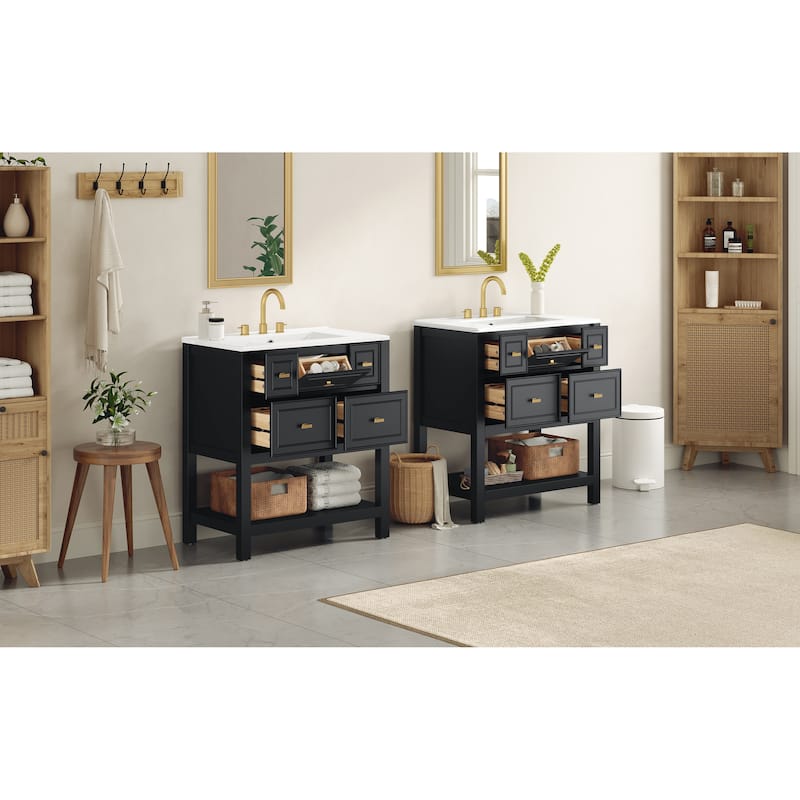 60'' Bathroom Vanity With Ceramic Sink Combo, Free Standing Single Vanity Set With 5 Drawers,Solid Wood FrameStorage Cabinet