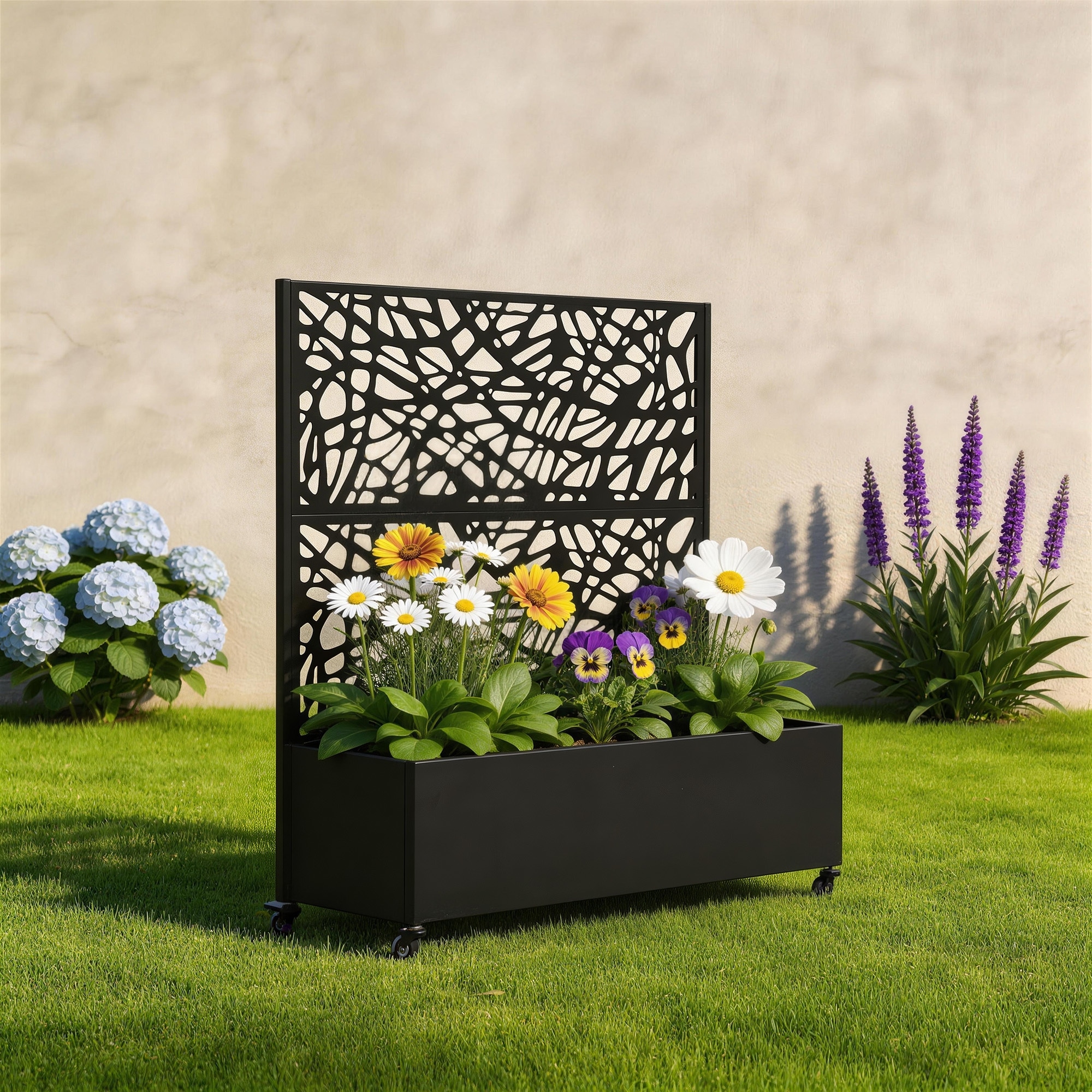 Rectangular Decorative Metal Privacy Screen with Planter Box Wheels