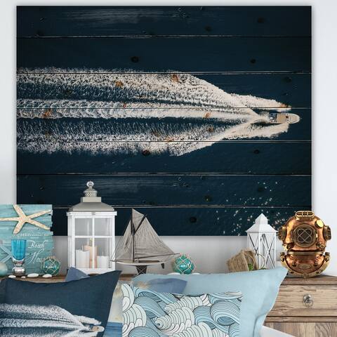 Designart 'Aerial View Of Speed Boat In Mediterranean Sea' Traditional Print on Natural Pine Wood