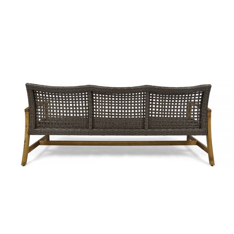 Outdoor Acacia Wood Wicker 3 Seater Sofa, Patio Furniture Conversation Set for Backyard