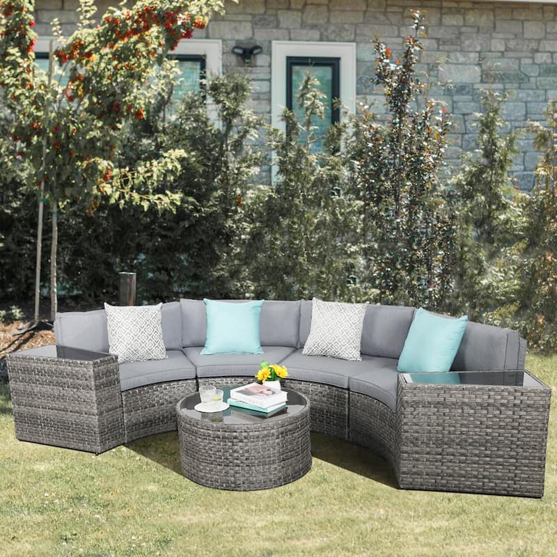 Outdoor 7-Piece Wicker Sectional Sofa Set with Furniture Cover - Grey