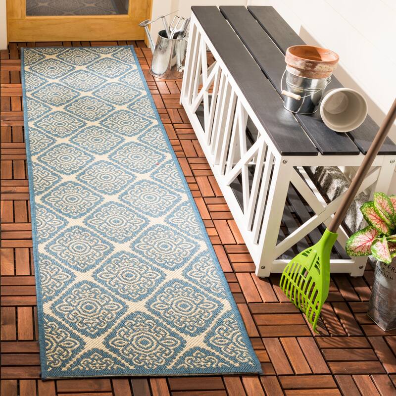 SAFAVIEH Beach House Phyllis Indoor/ Outdoor Waterproof Patio Backyard Rug - 2'2" x 8' Runner - Cream/Blue