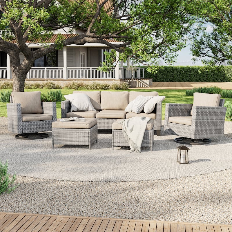 LIVOOSUN 5Pcs Patio Brown Rattan Outdoor Furniture Swivel Rocking Sofa Set