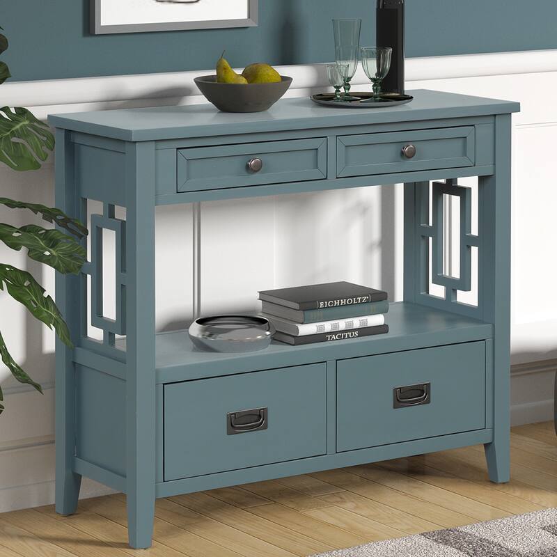 36'' Pine Entryway Table Console Table with 4 Drawers & Open Shelf, Farmhouse Side Table Sofa Table for Entryway Living Room
