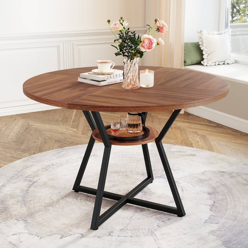 Costway 47” Round Dining Table for 4 with Storage Shelf, Wooden - Brown+Black - See Details