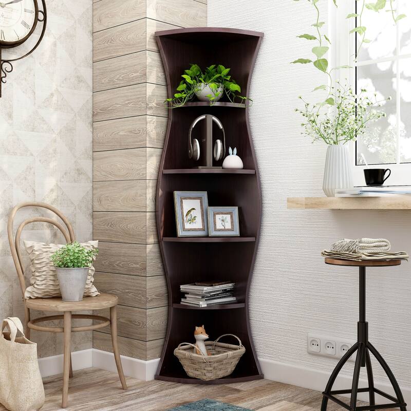 DH BASIC Walnut Space Saving 5-Shelf Corner Bookcase by Denhour