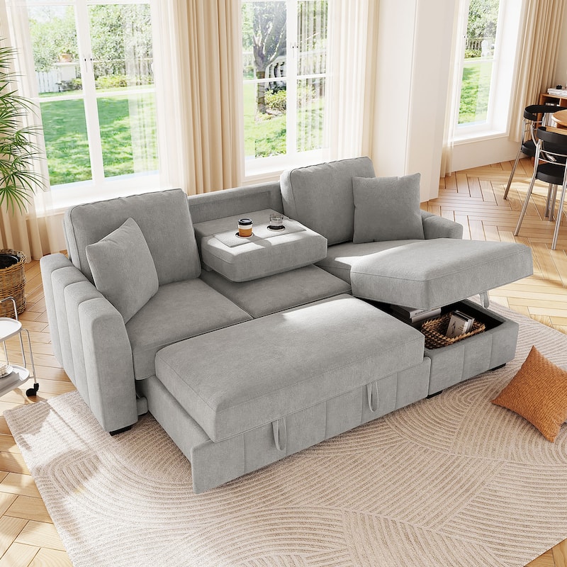 90" L-Shaped Sectional Sleeper Sofa - Reversible Storage Chaise, Drop-Down Center Console, Modular Living Room Couch - Grey