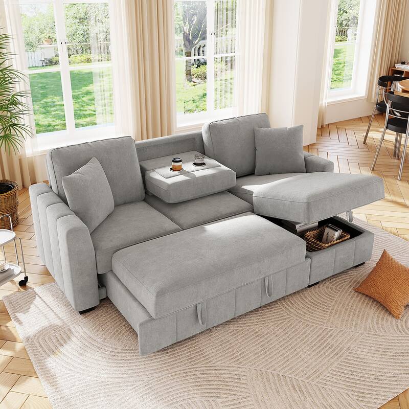 L-Shaped Sectional Sofa with Pull-out Sofa Bed, Modular Sleeper Sofa Couch with Reversible Storage Chaise for Living Room